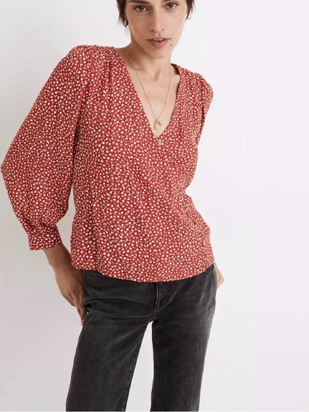 Madewell Kinston Side-Button Wrap Top in Park Picnic